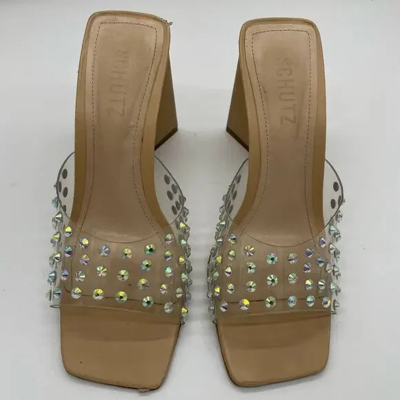 Schutz Lizah Nude Clear Rhinestone High Heel Sandals - 6.5 - Picture 3 of 13